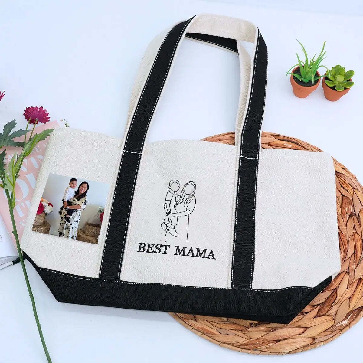 Custom embroidered tote bag featuring a photo portrait, ideal personalized gift for mom on birthday or Mother’s Day.