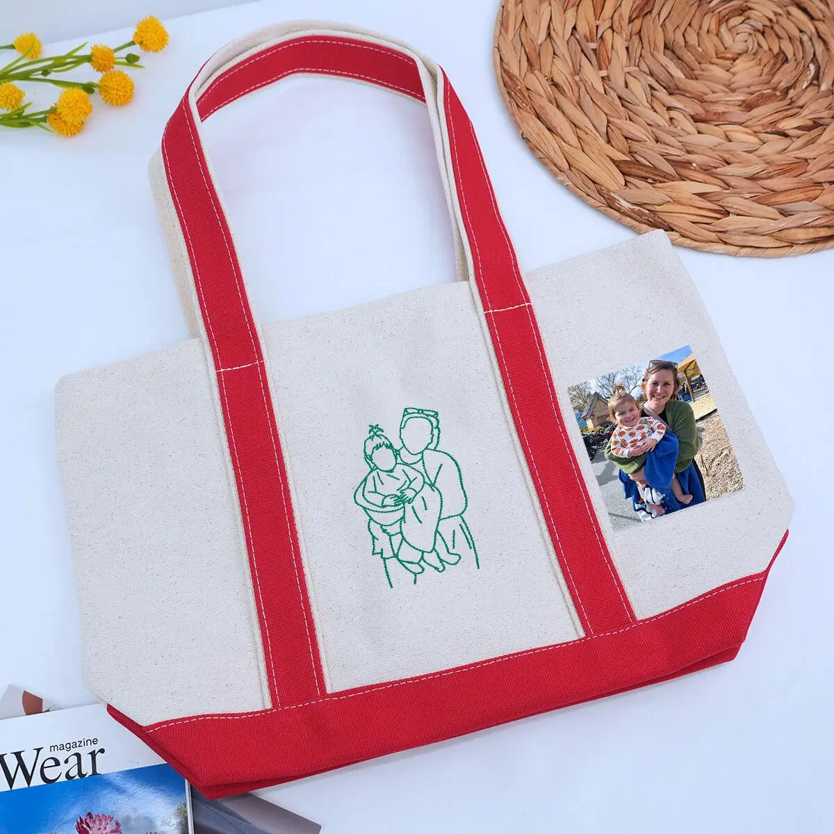 Custom embroidered tote bag featuring a photo portrait, ideal personalized gift for mom on birthday or Mother’s Day.