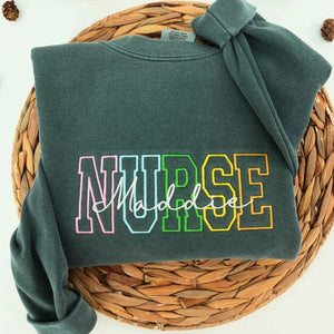 Personalized Comfort Colors® Nurse Name Sweatshirt, Custom Colorful Varsity Embroidered Nursing Student Gift