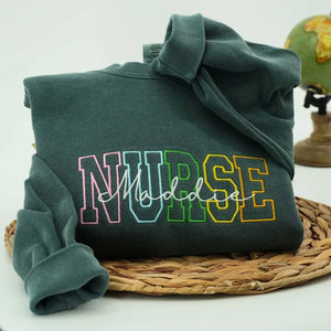 Personalized Comfort Colors® Nurse Name Sweatshirt, Custom Colorful Varsity Embroidered Nursing Student Gift