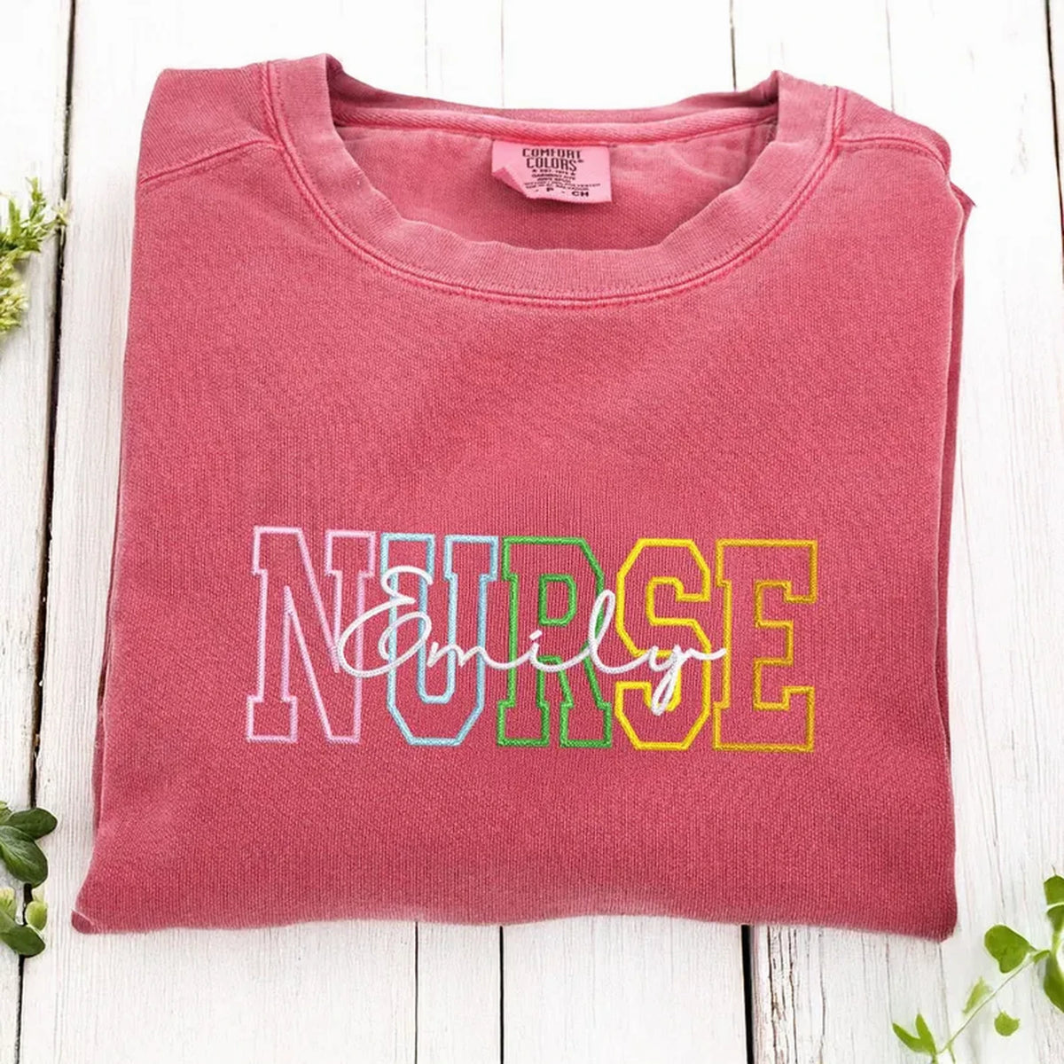 Personalized Comfort Colors® Nurse Name Sweatshirt, Custom Colorful Varsity Embroidered Nursing Student Gift