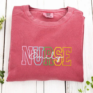 Personalized Comfort Colors® Nurse Name Sweatshirt, Custom Colorful Varsity Embroidered Nursing Student Gift