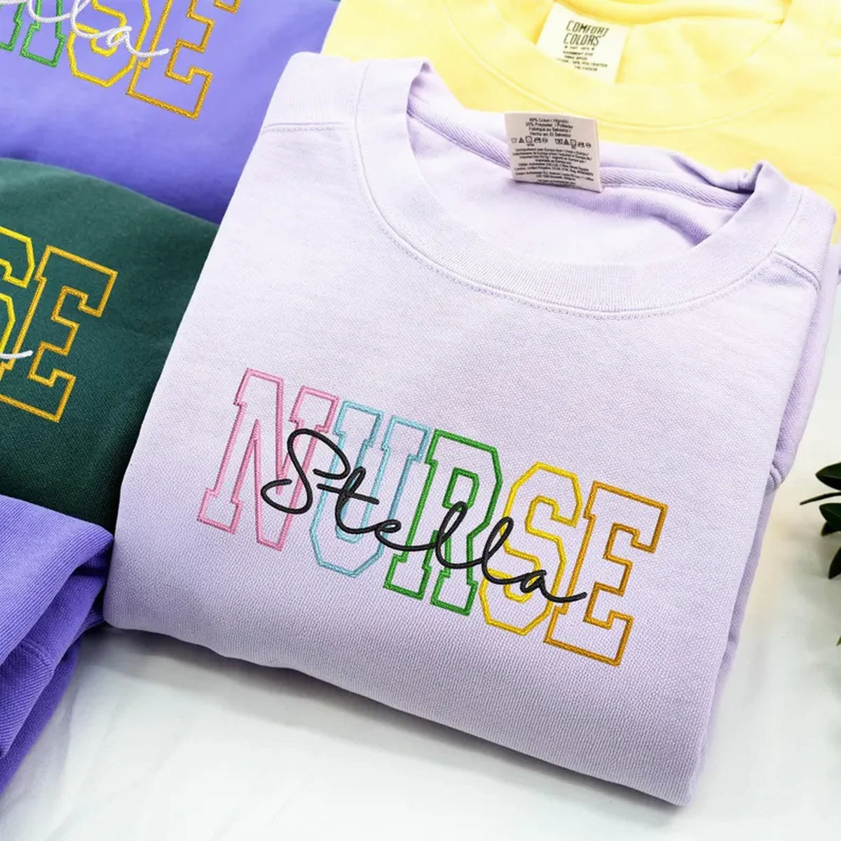 Personalized Comfort Colors® Nurse Name Sweatshirt, Custom Colorful Varsity Embroidered Nursing Student Gift