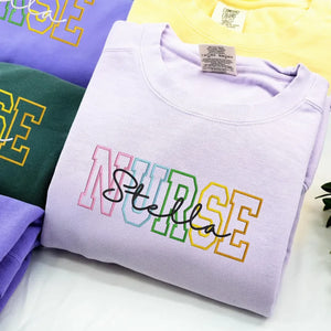 Personalized Comfort Colors® Nurse Name Sweatshirt, Custom Colorful Varsity Embroidered Nursing Student Gift