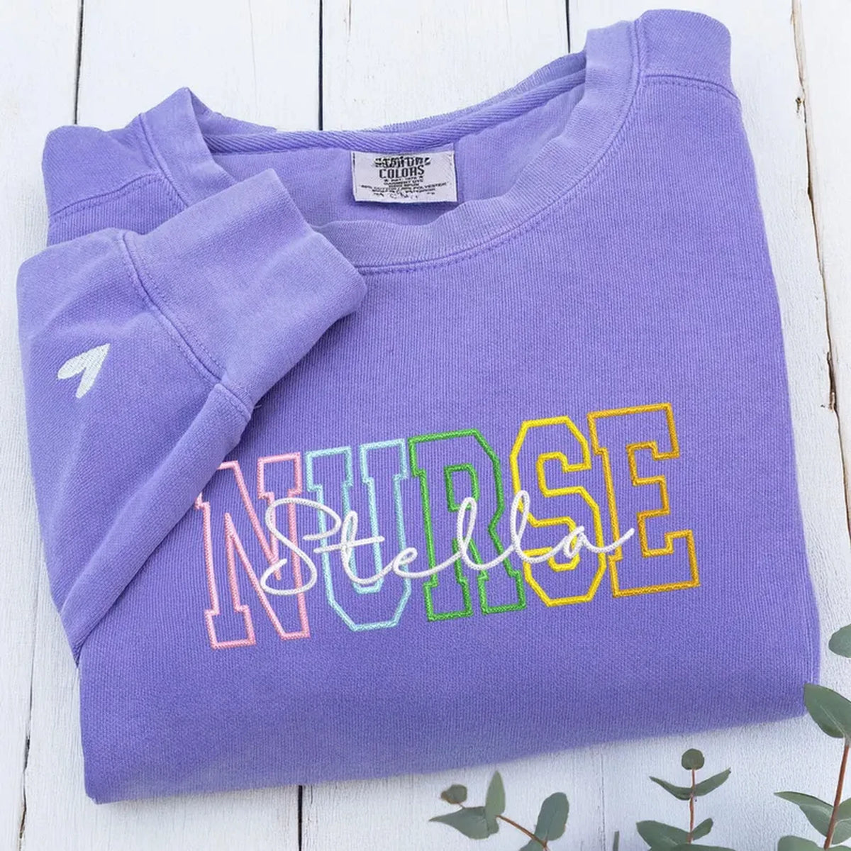 Personalized Comfort Colors® Nurse Name Sweatshirt, Custom Colorful Varsity Embroidered Nursing Student Gift