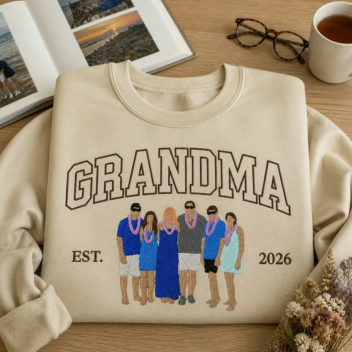 Custom Family Portrait Sweatshirt for Grandma Grandpa, Embroidered Varsity Matching Grandparent Day Gift