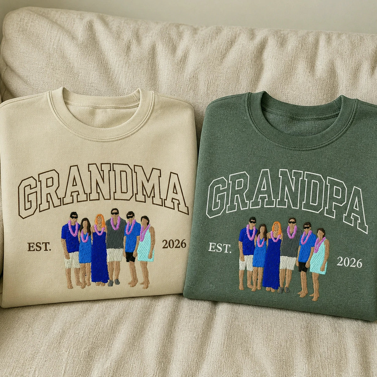 Custom Family Portrait Sweatshirt for Grandma Grandpa, Embroidered Varsity Matching Grandparent Day Gift
