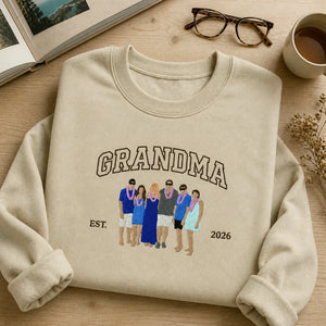 Custom Family Portrait Sweatshirt for Grandma Grandpa, Embroidered Varsity Matching Grandparent Day Gift