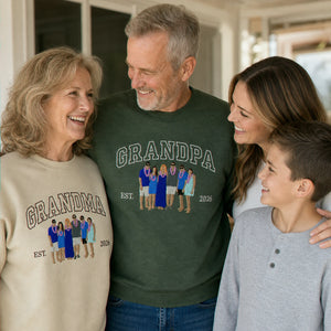 Custom Family Portrait Sweatshirt for Grandma Grandpa, Embroidered Varsity Matching Grandparent Day Gift
