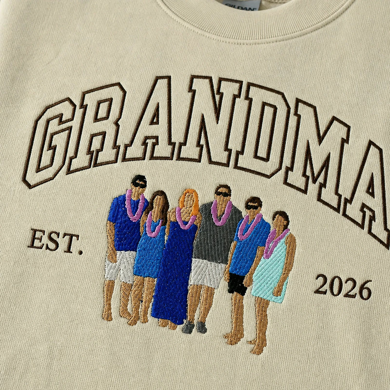 Custom Family Portrait Sweatshirt for Grandma Grandpa, Embroidered Varsity Matching Grandparent Day Gift