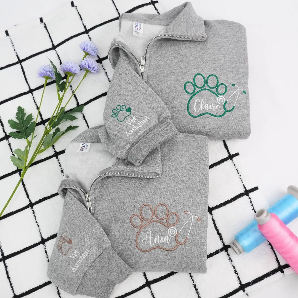 Custom Vet Tech Week Quarter Zip, Personalized Paw Name Pullover, Embroidered Veterinary, DVM RVT Appreciation Gift