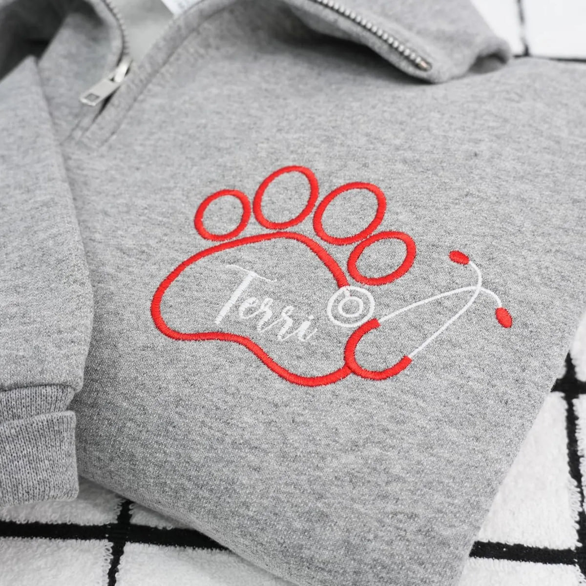 Custom Vet Tech Week Quarter Zip, Personalized Paw Name Pullover, Embroidered Veterinary, DVM RVT Appreciation Gift