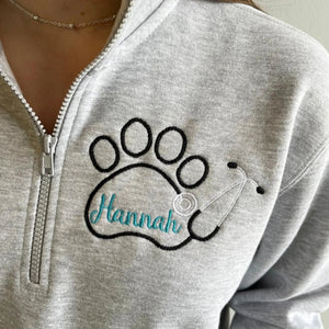 Custom Vet Tech Week Quarter Zip, Personalized Paw Name Pullover, Embroidered Veterinary, DVM RVT Appreciation Gift