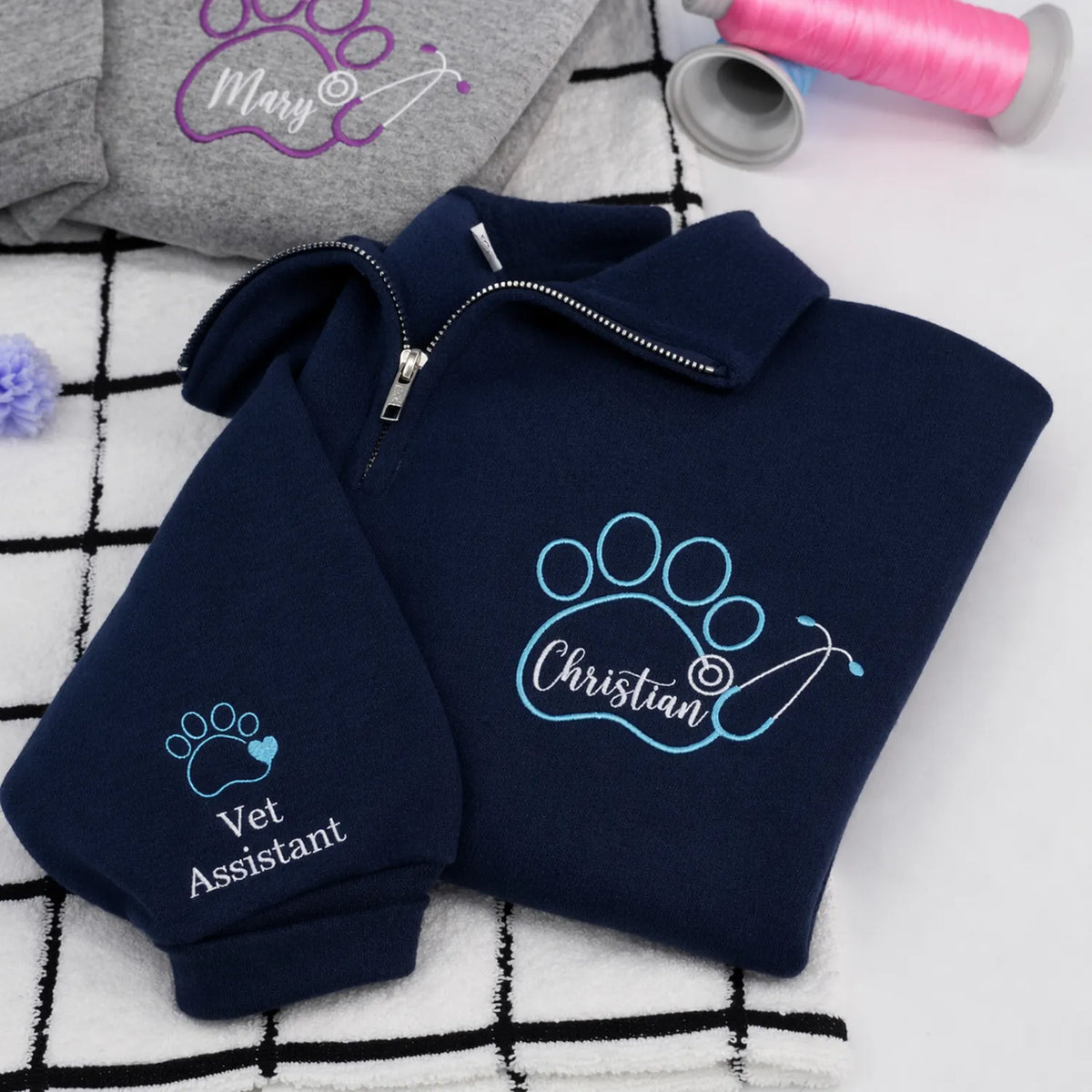 Custom Vet Tech Week Quarter Zip, Personalized Paw Name Pullover, Embroidered Veterinary, DVM RVT Appreciation Gift