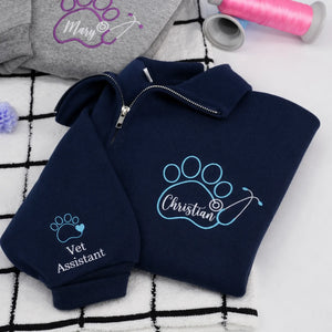 Custom Vet Tech Week Quarter Zip, Personalized Paw Name Pullover, Embroidered Veterinary, DVM RVT Appreciation Gift