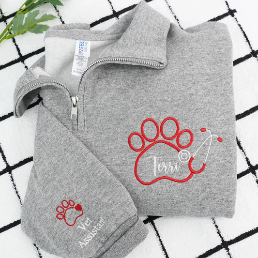 Custom Vet Tech Week Quarter Zip, Personalized Paw Name Pullover, Embroidered Veterinary, DVM RVT Appreciation Gift