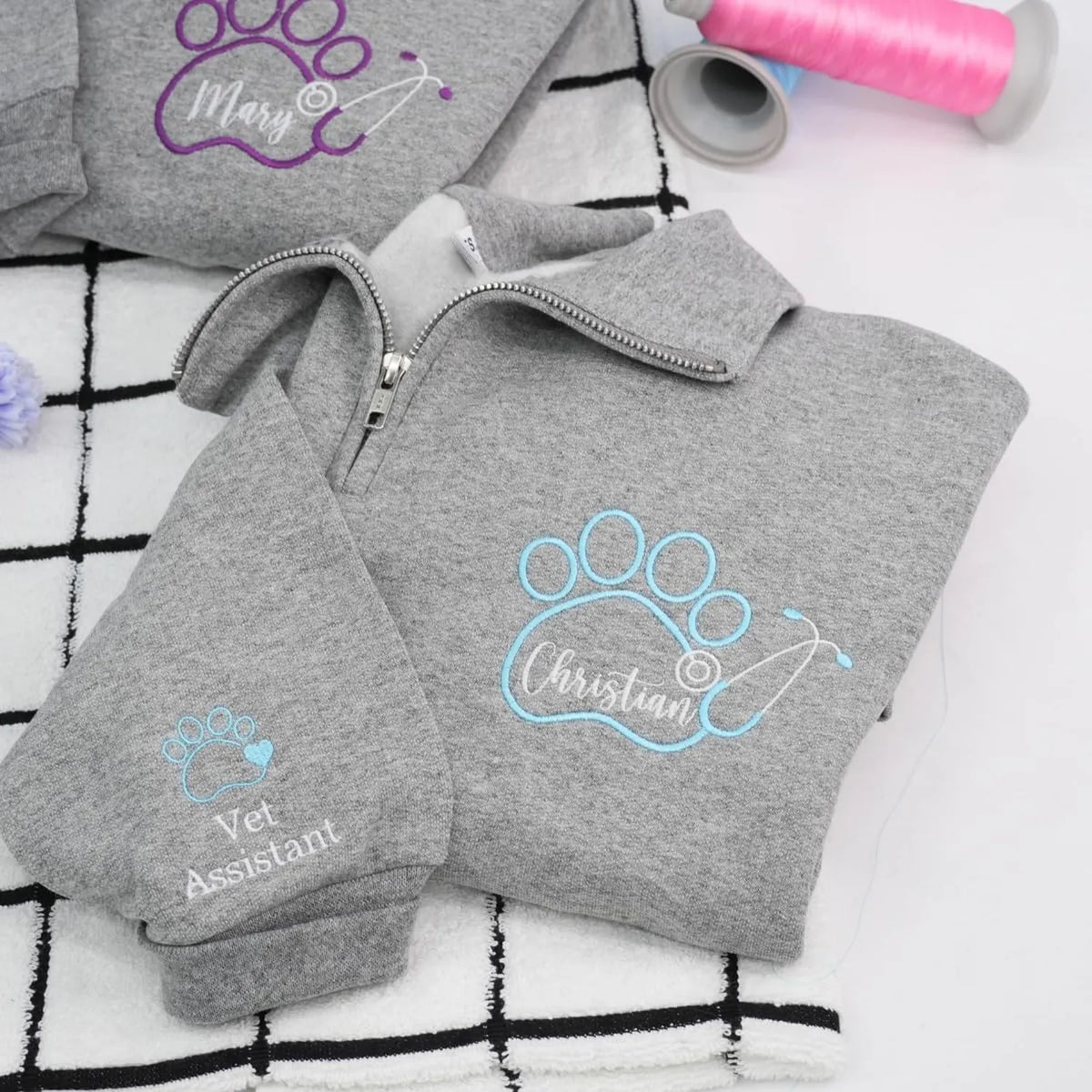 Custom Vet Tech Week Quarter Zip, Personalized Paw Name Pullover, Embroidered Veterinary, DVM RVT Appreciation Gift