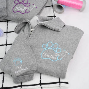 Custom Vet Tech Week Quarter Zip, Personalized Paw Name Pullover, Embroidered Veterinary, DVM RVT Appreciation Gift