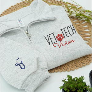 Custom Vet Week Christmas Gift - Personalized Vet Tech Quarter Zip - Paw Name Embroidered Team Staff Pullover