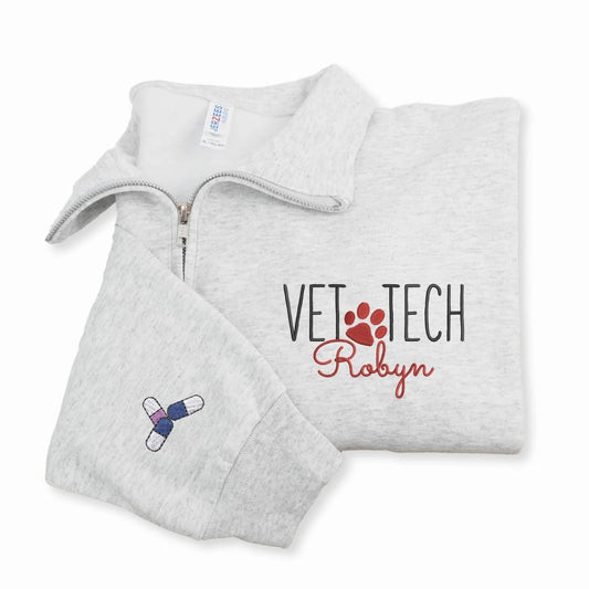 Custom Vet Week Christmas Gift - Personalized Vet Tech Quarter Zip - Paw Name Embroidered Team Staff Pullover