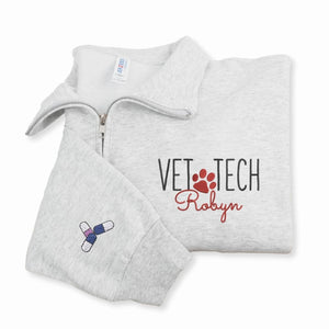 Custom Vet Week Christmas Gift - Personalized Vet Tech Quarter Zip - Paw Name Embroidered Team Staff Pullover