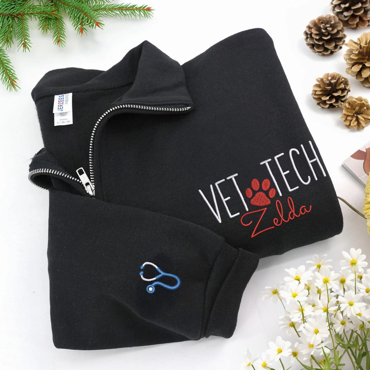 Custom Vet Week Christmas Gift - Personalized Vet Tech Quarter Zip - Paw Name Embroidered Team Staff Pullover