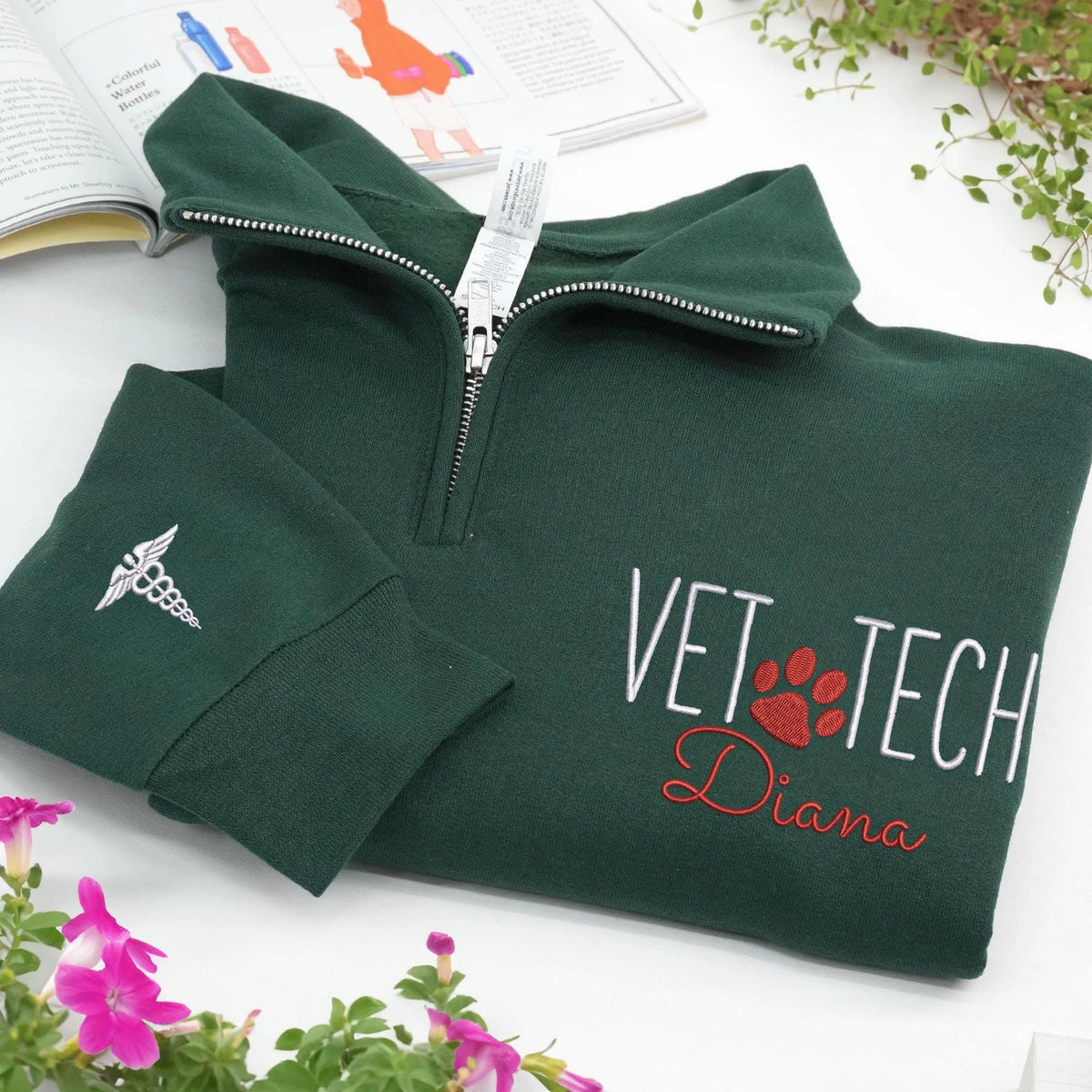 Custom Vet Week Christmas Gift - Personalized Vet Tech Quarter Zip - Paw Name Embroidered Team Staff Pullover