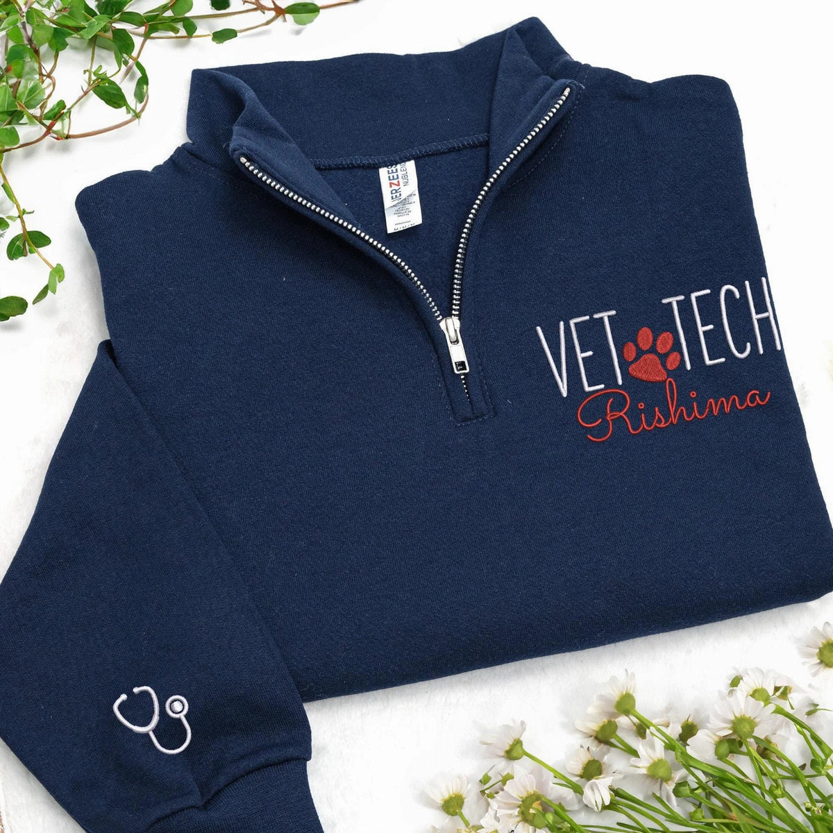 Custom Vet Week Christmas Gift - Personalized Vet Tech Quarter Zip - Paw Name Embroidered Team Staff Pullover
