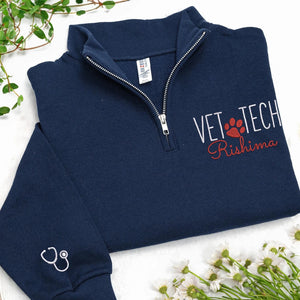 Custom Vet Week Christmas Gift - Personalized Vet Tech Quarter Zip - Paw Name Embroidered Team Staff Pullover