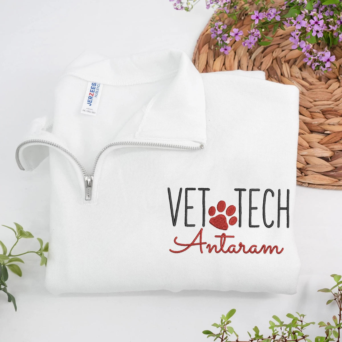 Custom Vet Week Christmas Gift - Personalized Vet Tech Quarter Zip - Paw Name Embroidered Team Staff Pullover