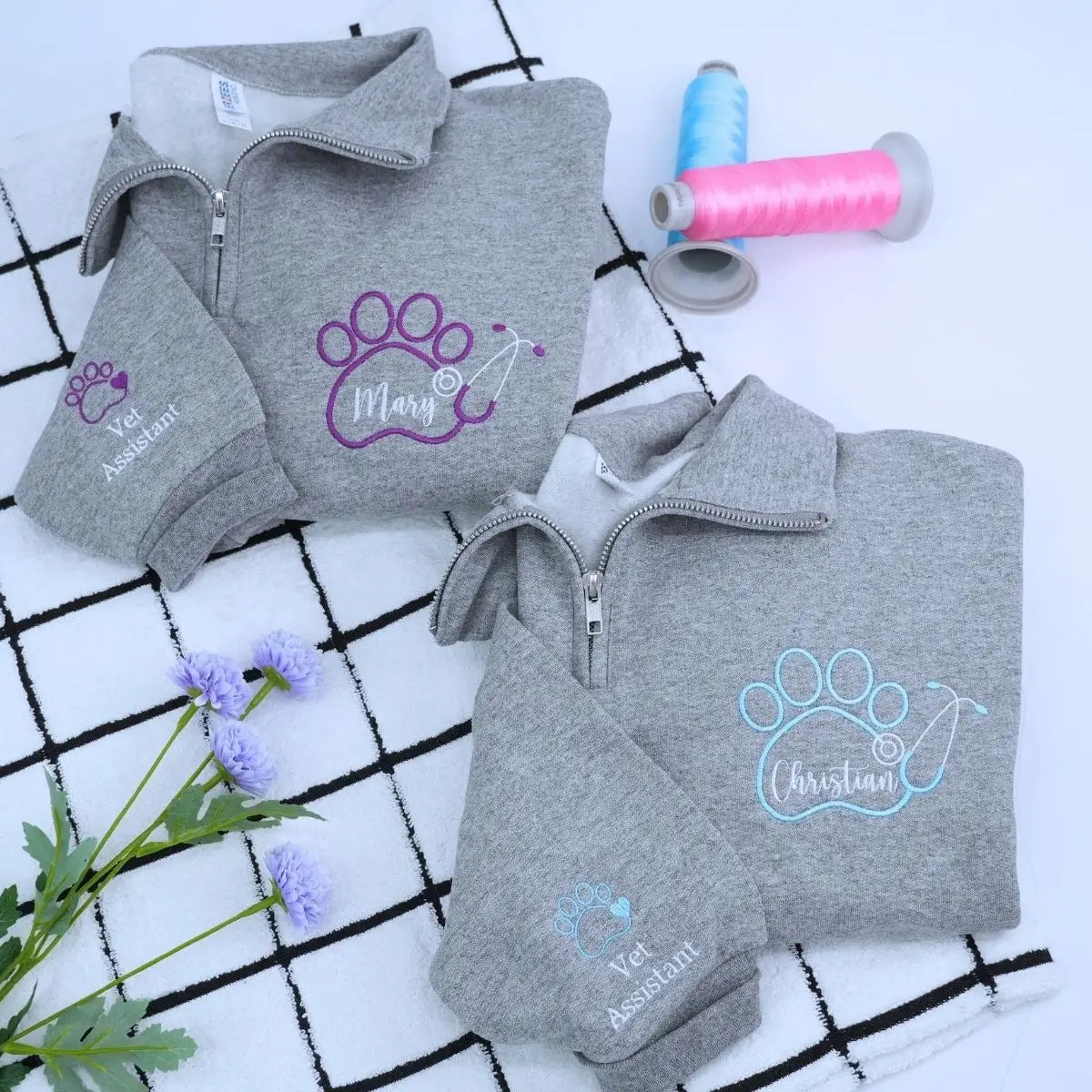 Custom embroidered quarter zip vet tech sweatshirt with personalized name and sleeve text