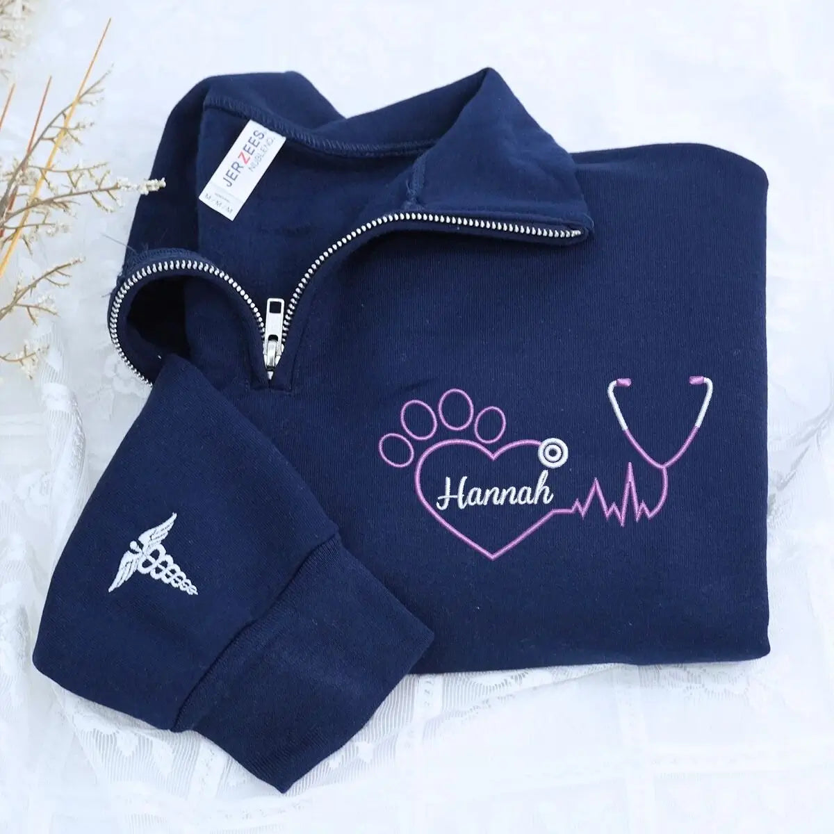 Embroidered veterinarian sweatshirt with custom name and sleeve text for vet nurses