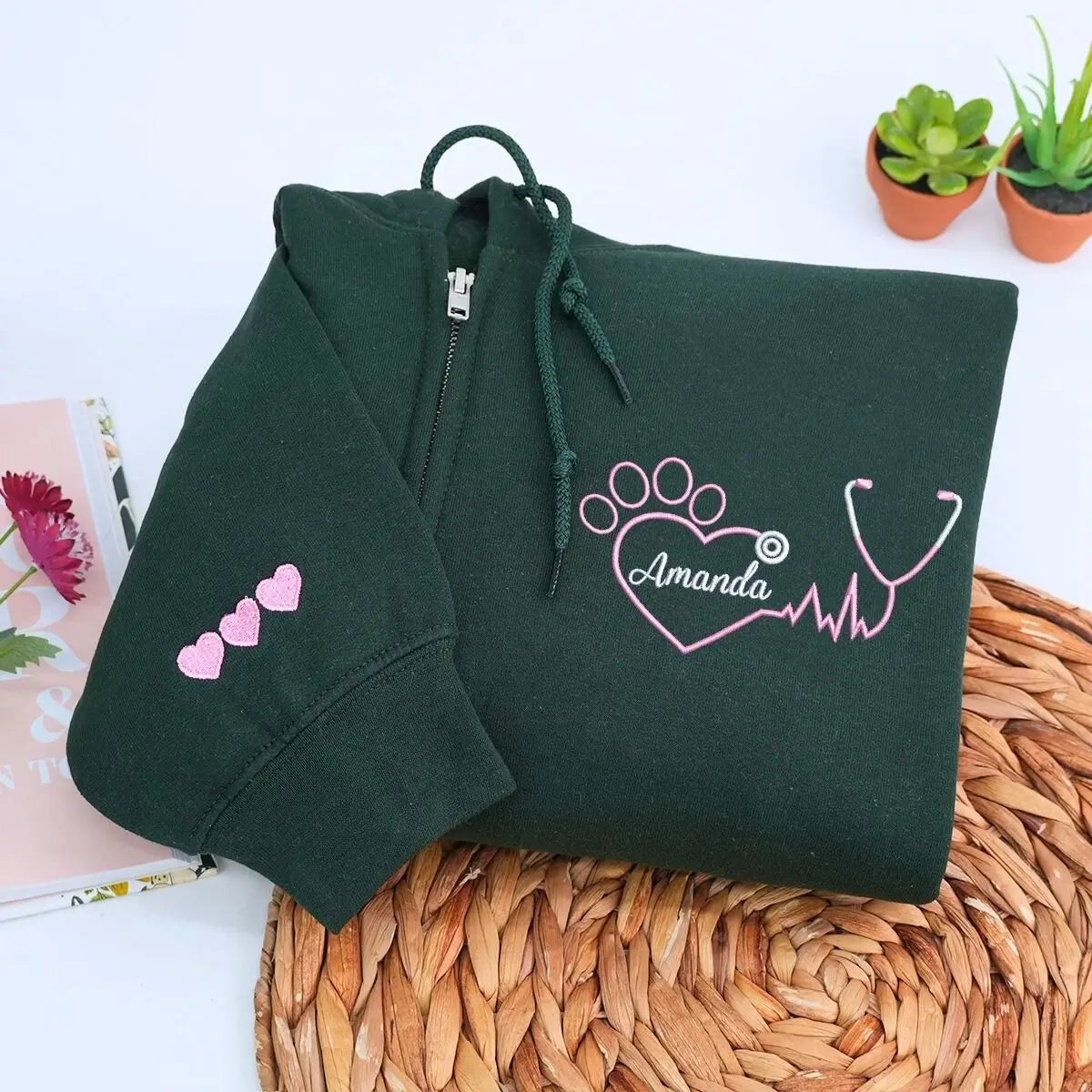 Embroidered veterinarian sweatshirt with custom name and sleeve text for vet nurses