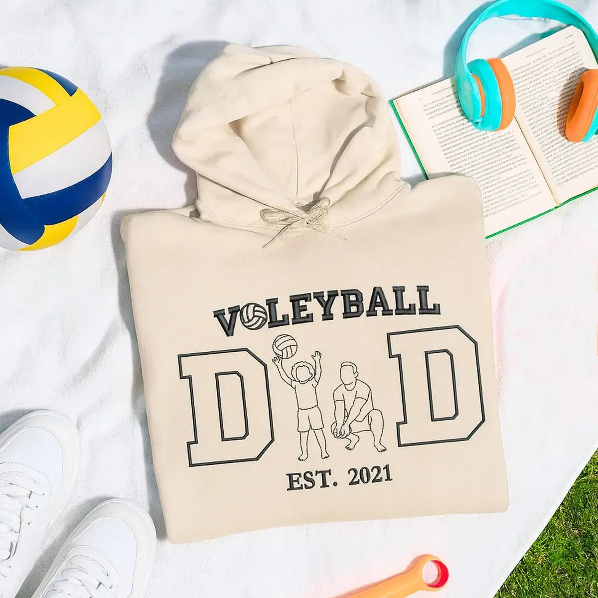 Embroidered volleyball dad hoodie with custom photo and kid’s name on sleeve, Father’s Day gift