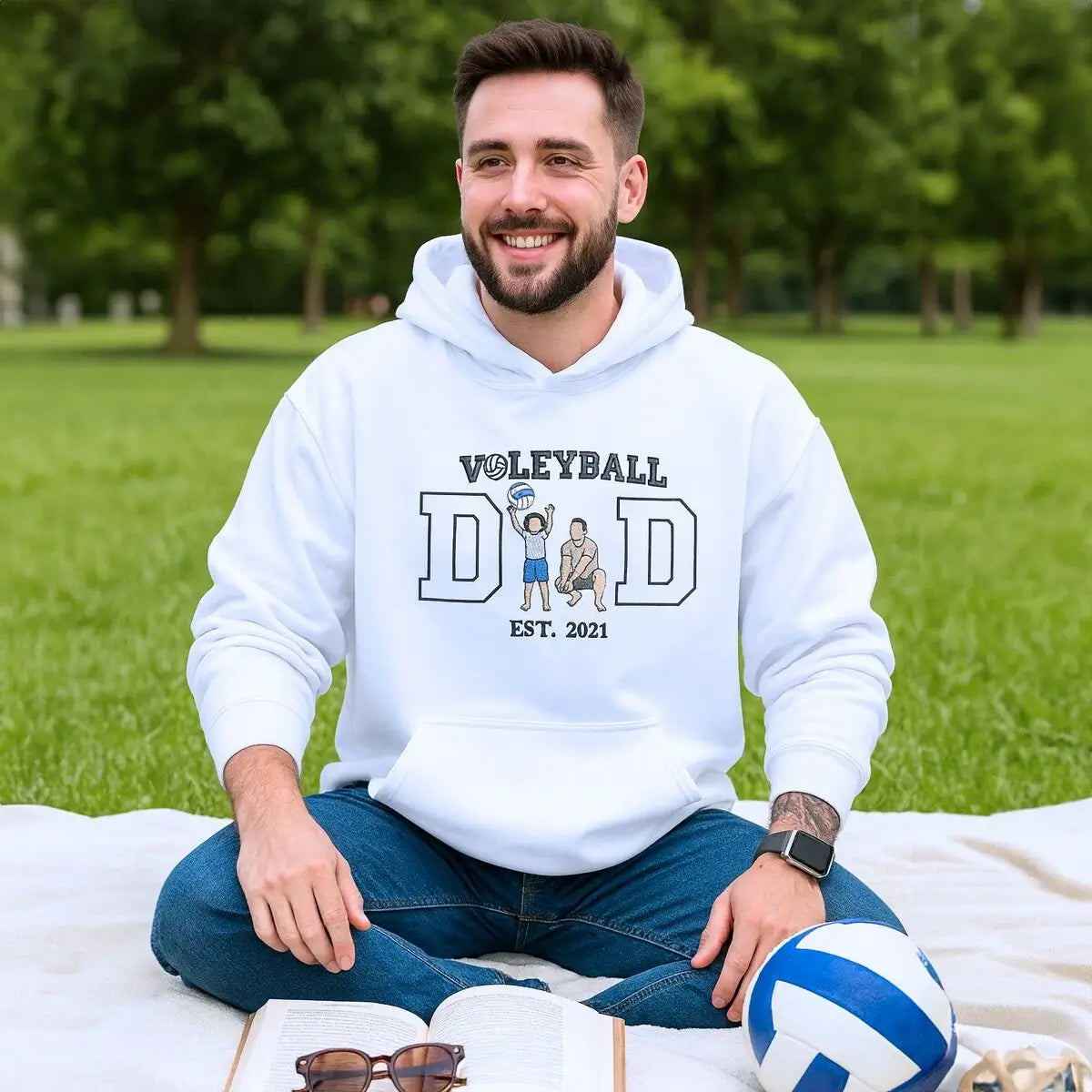 Embroidered volleyball dad hoodie with custom photo and kid’s name on sleeve, Father’s Day gift