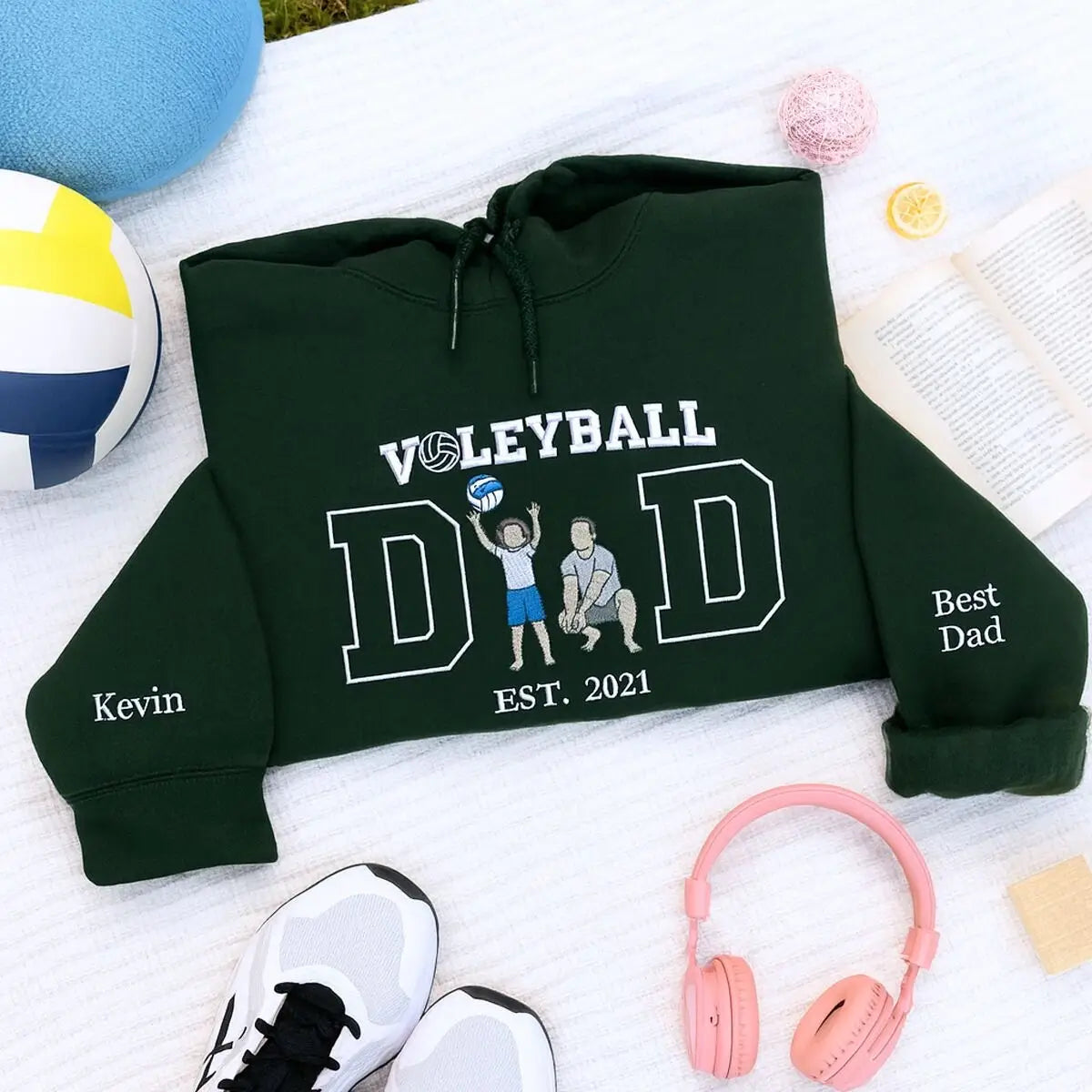Embroidered volleyball dad hoodie with custom photo and kid’s name on sleeve, Father’s Day gift