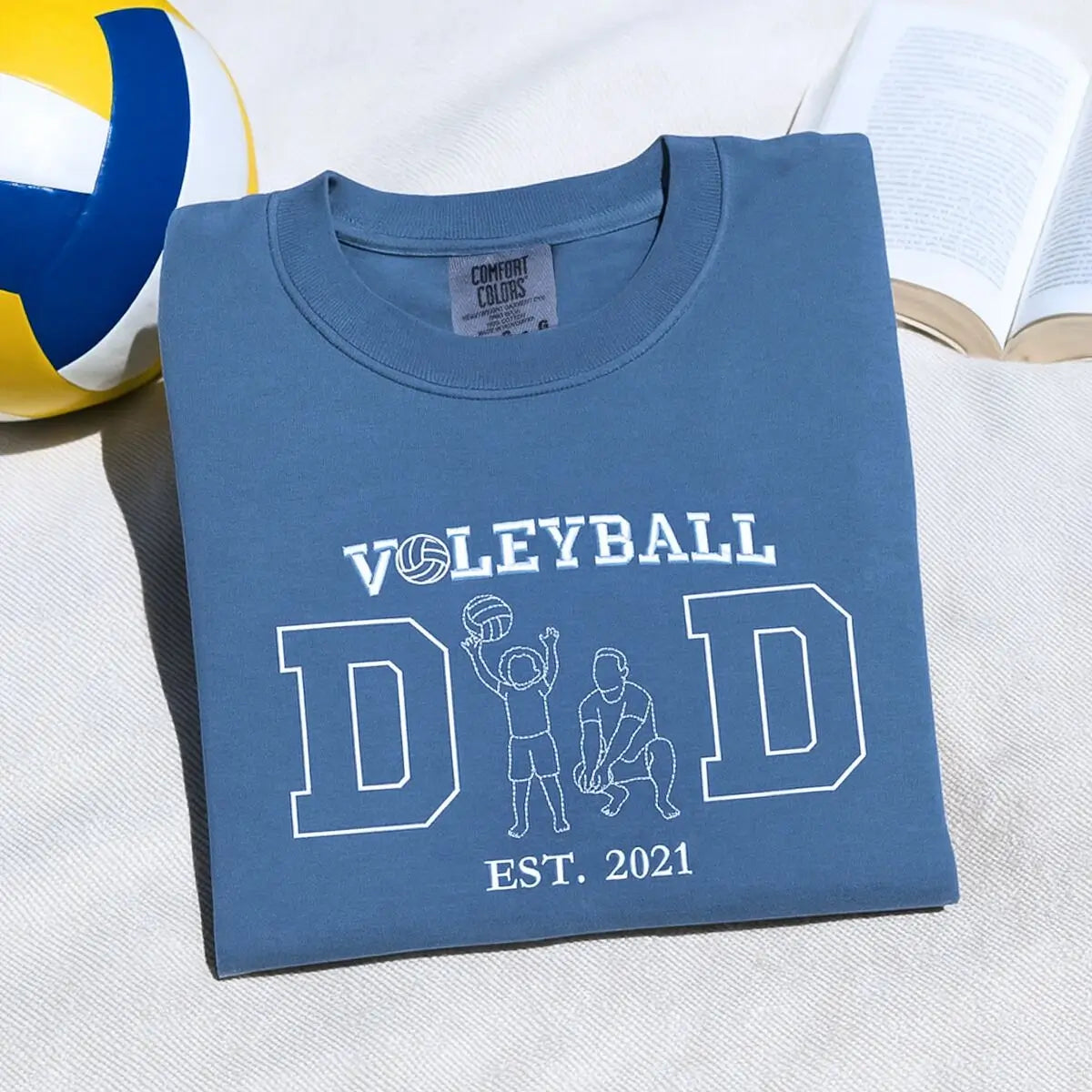 Embroidered volleyball dad shirt with custom photo and kid’s name on sleeve – personalized gift for Father's Day