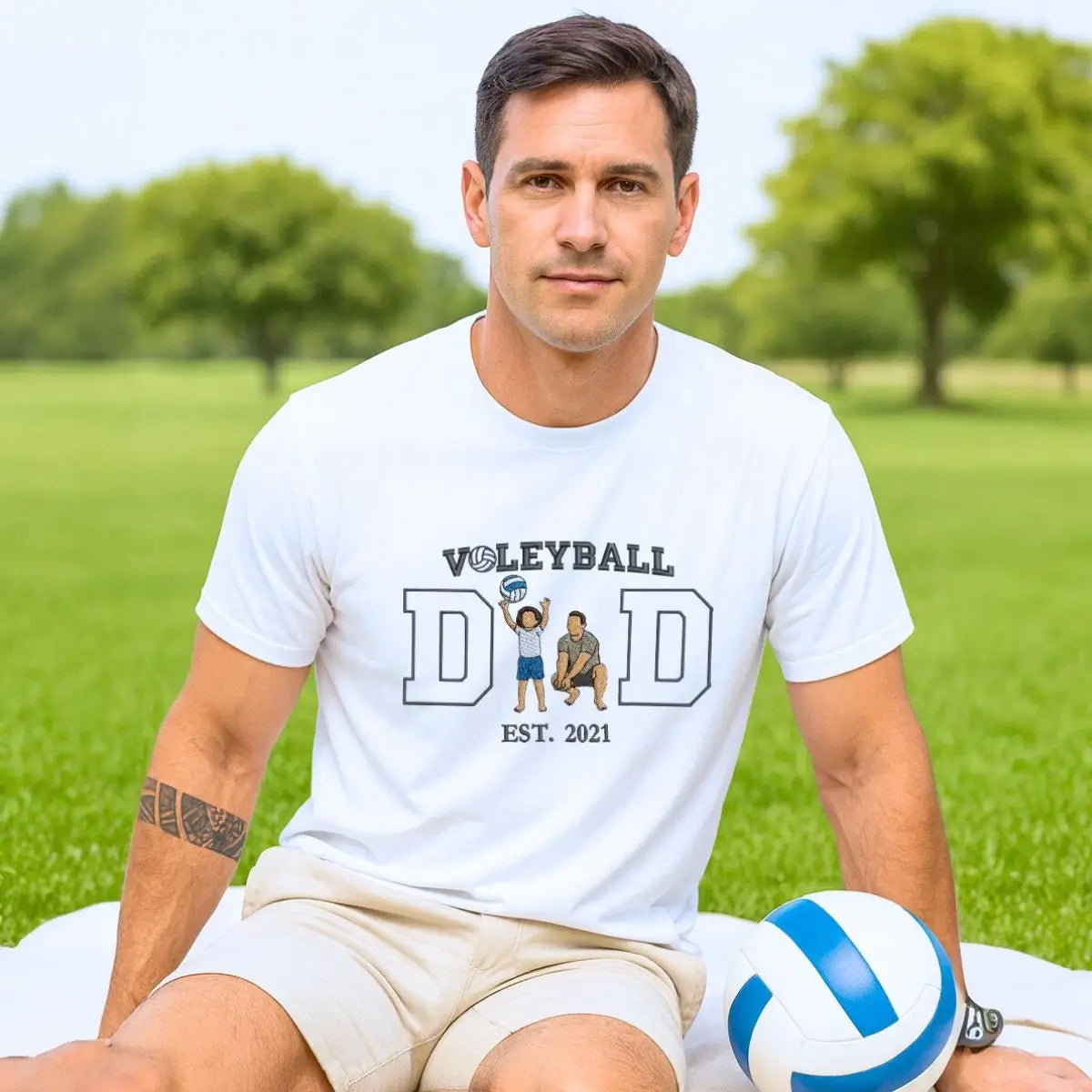 Embroidered volleyball dad shirt with custom photo and kid’s name on sleeve – personalized gift for Father's Day