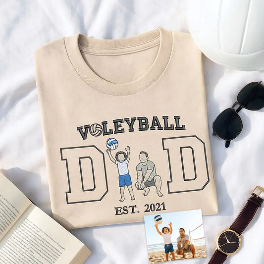 Embroidered volleyball dad shirt with custom photo and kid’s name on sleeve – personalized gift for Father's Day