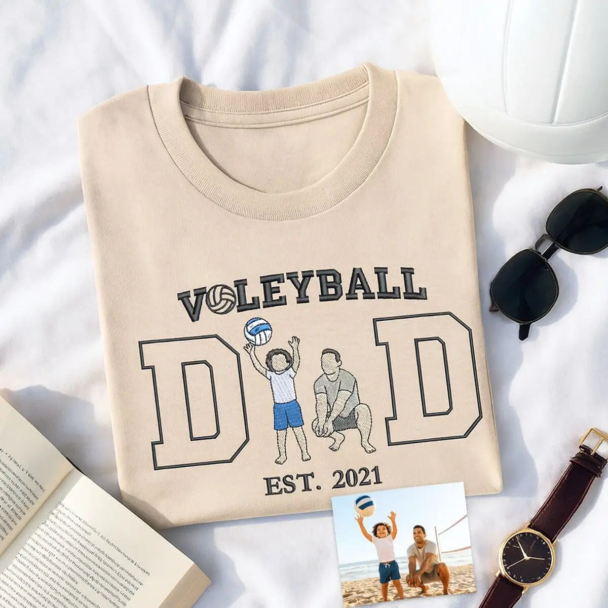 Embroidered volleyball dad shirt with custom photo and kid’s name on sleeve – personalized gift for Father's Day