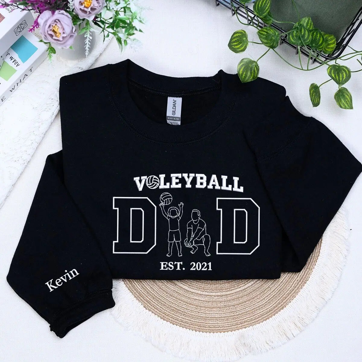Custom embroidered volleyball dad sweatshirt with child’s photo and name stitched on sleeve – ideal Father’s Day gift