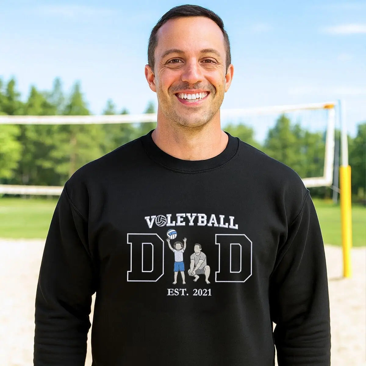 Custom embroidered volleyball dad sweatshirt with child’s photo and name stitched on sleeve – ideal Father’s Day gift