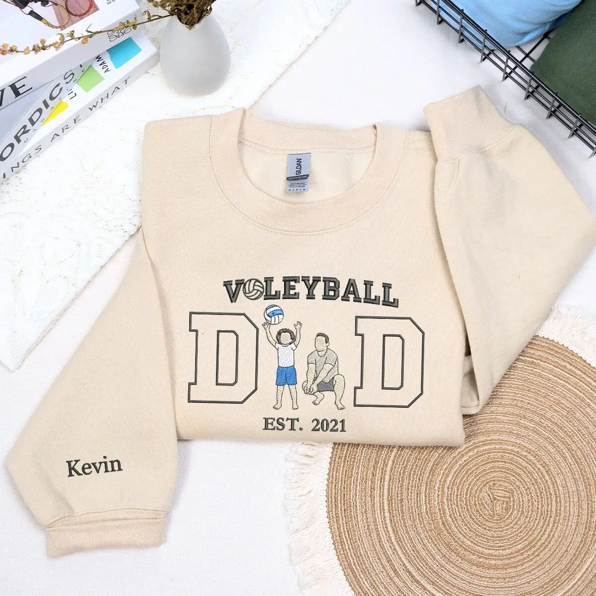 Custom embroidered volleyball dad sweatshirt with child’s photo and name stitched on sleeve – ideal Father’s Day gift