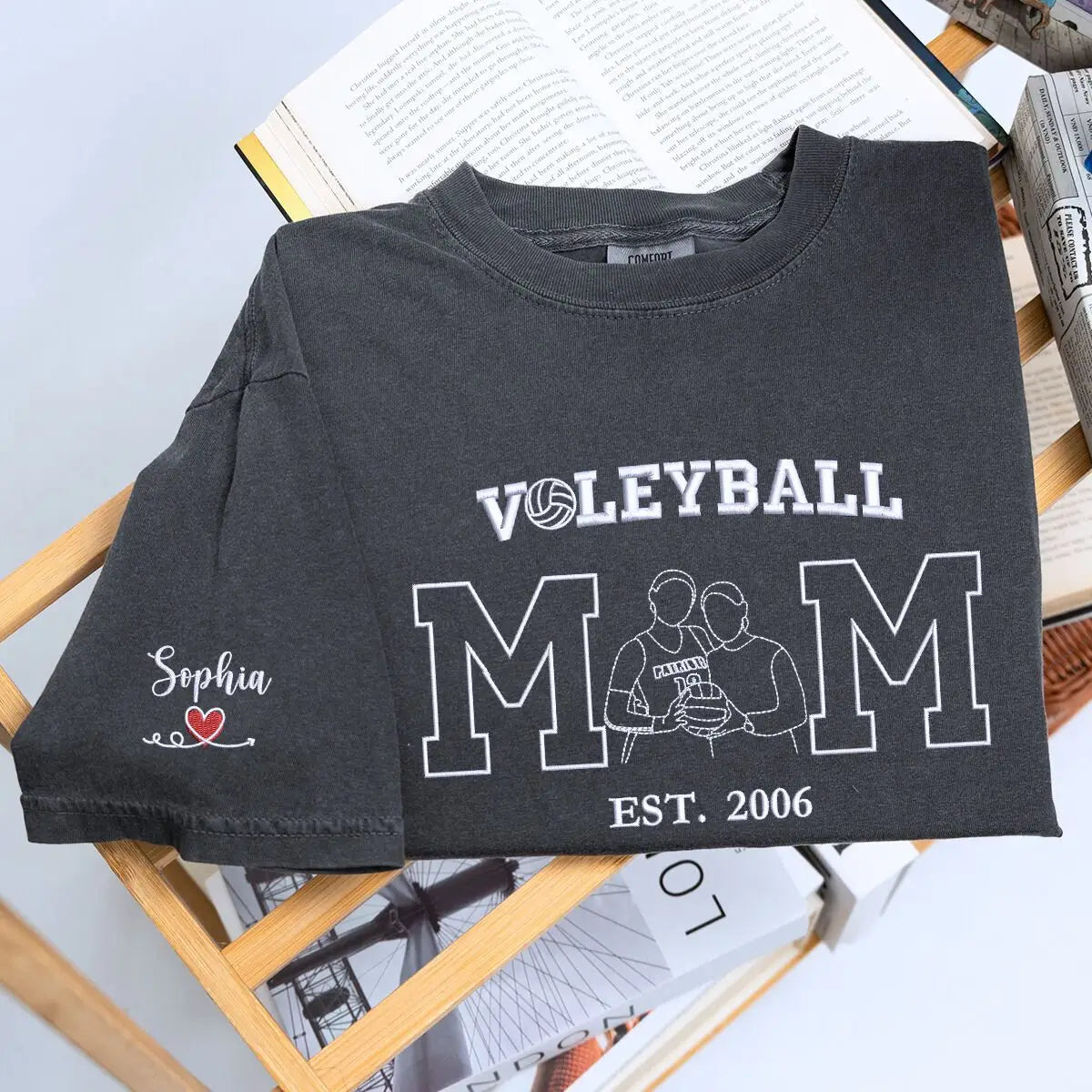 Custom embroidered volleyball mom shirt with photo portrait and personalized sleeve name, perfect for game day or gift.