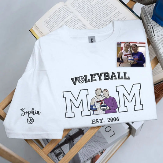 Custom embroidered volleyball mom shirt with photo portrait and personalized sleeve name, perfect for game day or gift.