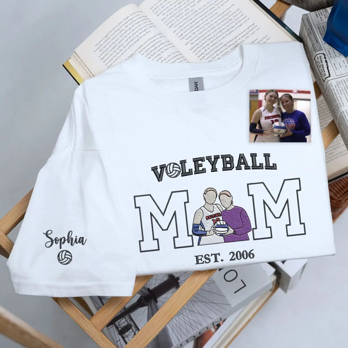 Custom embroidered volleyball mom shirt with photo portrait and personalized sleeve name, perfect for game day or gift.