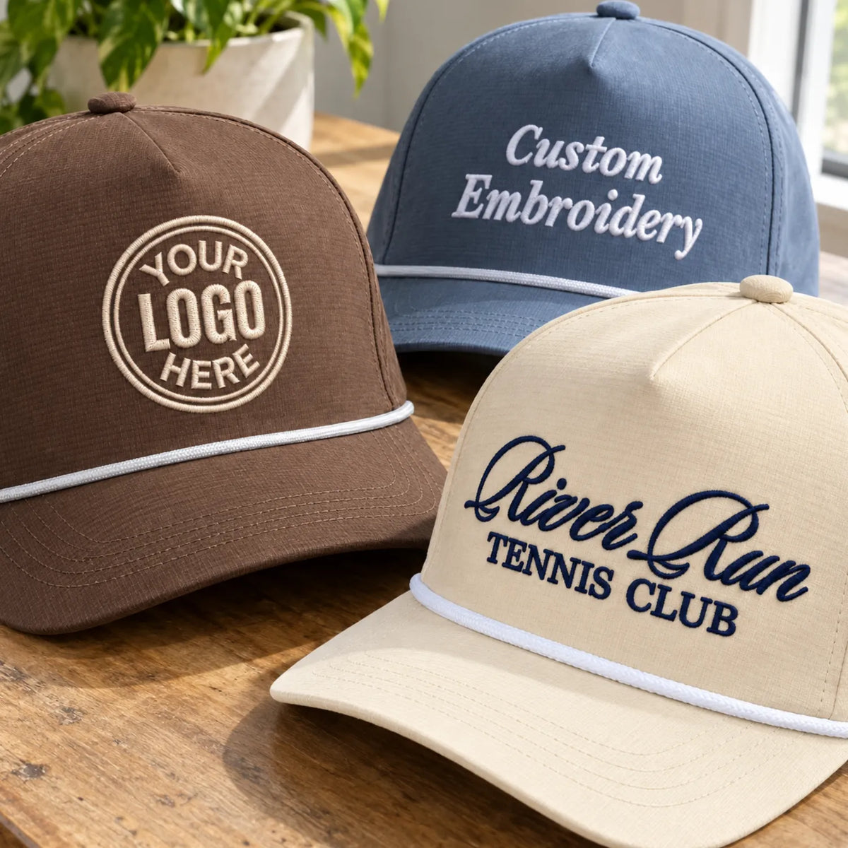 Custom Embroidered Snapback Rope Hats - Embroidered Your Text, Name, Logo on Front, Side & Back