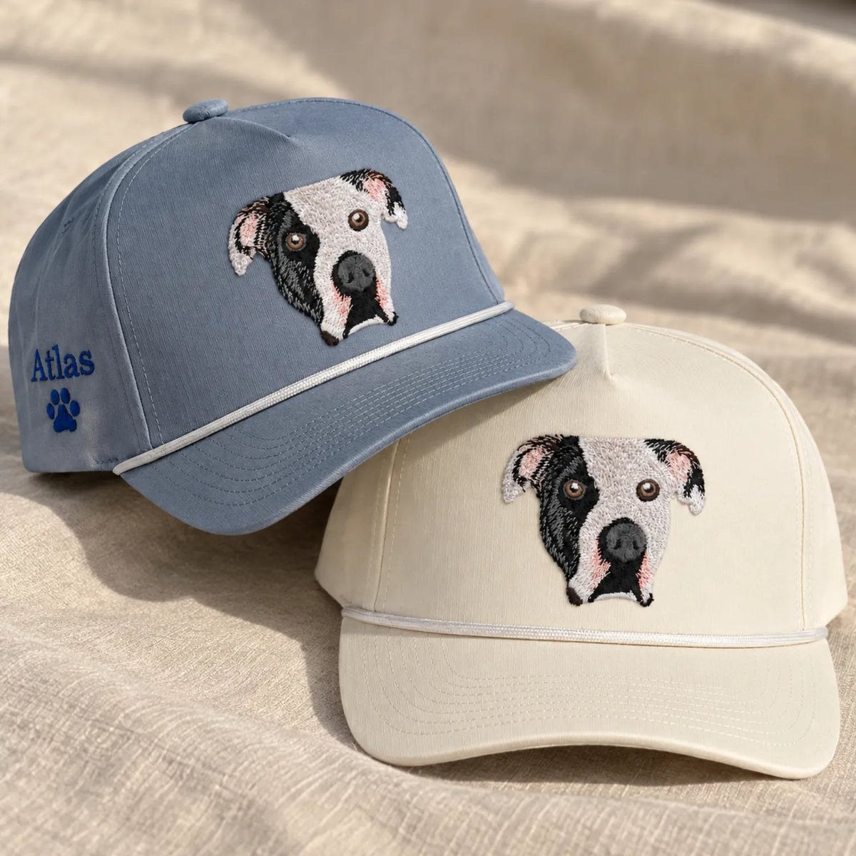 Custom Pet Photo Snapback Rope Hats - Embroidered Dog, Cat or any Pet Portrait Caps