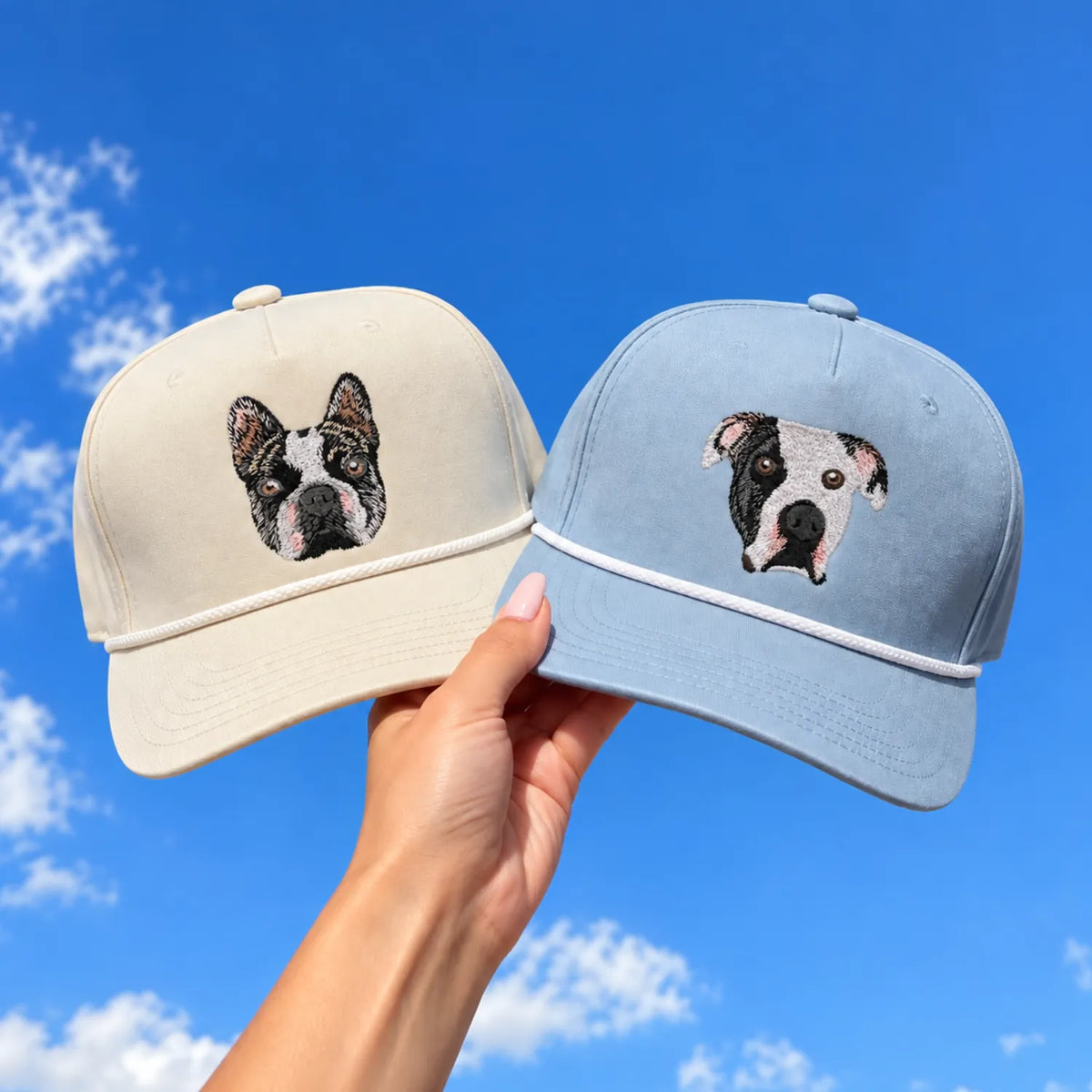 Custom Pet Photo Snapback Rope Hats - Embroidered Dog, Cat or any Pet Portrait Caps