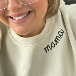 Custom Embroidered Collar & Sleeve Sweatshirt, Personalized Birthday Mama Grandma Auntie Gift